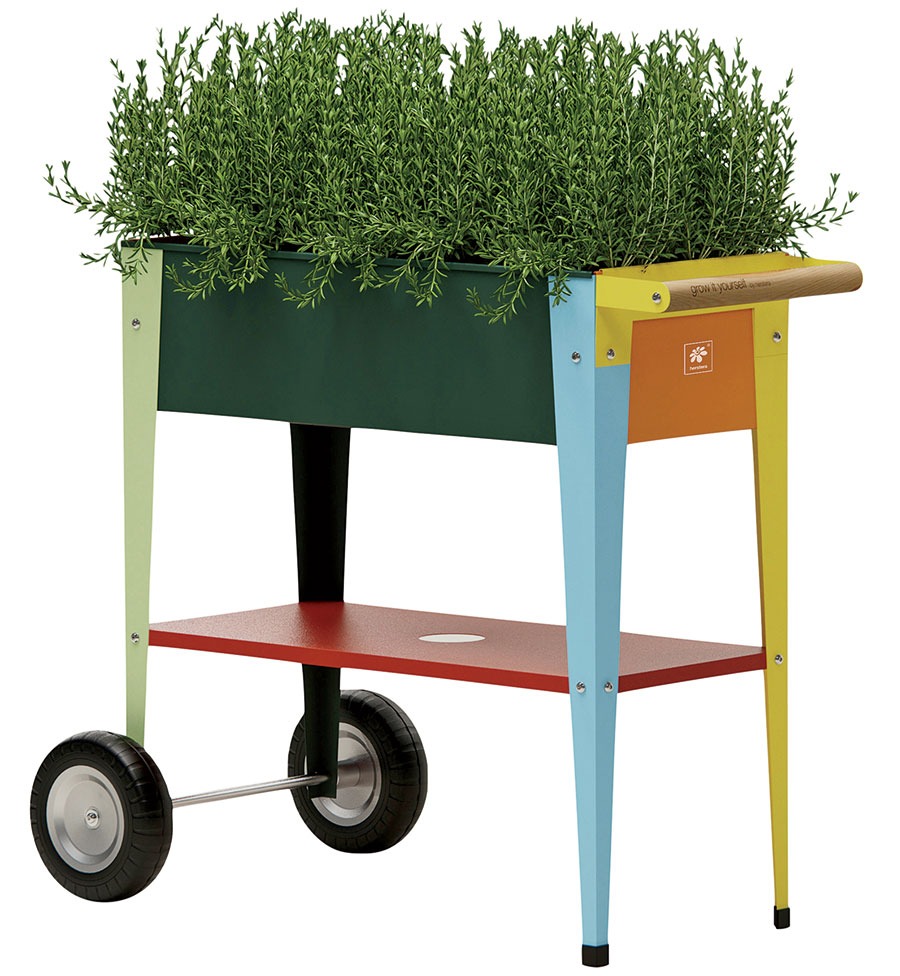 Powder-coated steel and wood garden trolley with planting box