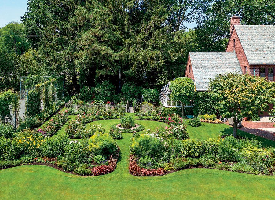 The formal flower garden outside the Winnetka home