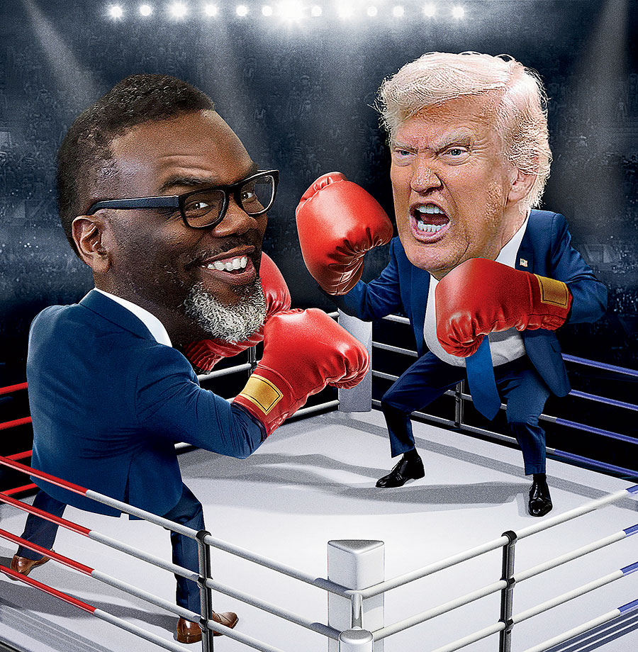 A photo illustration of Mayor Brandon Johnson in a boxing ring with Donald Trump
