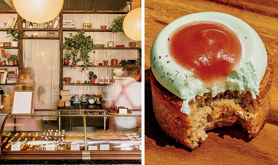 The baked goods counter and a pastry at Del Sur Bakery