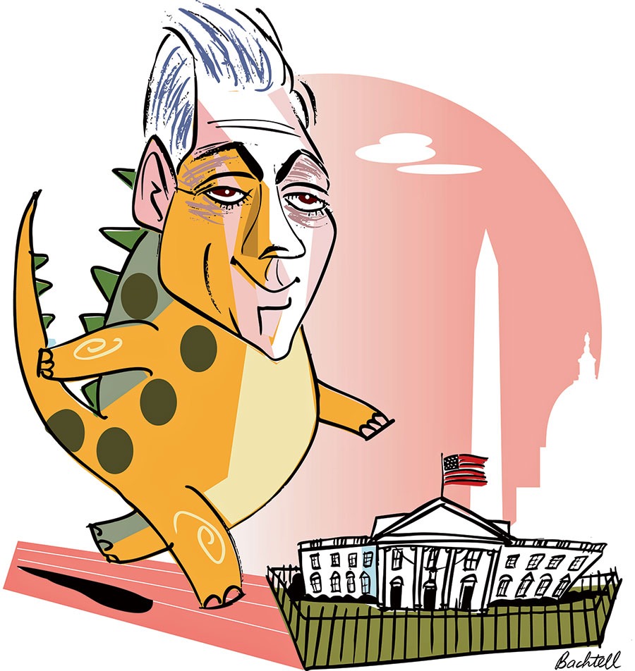 An illustration of Rahm Emanuel as a large dinosaur, walking toward the White House