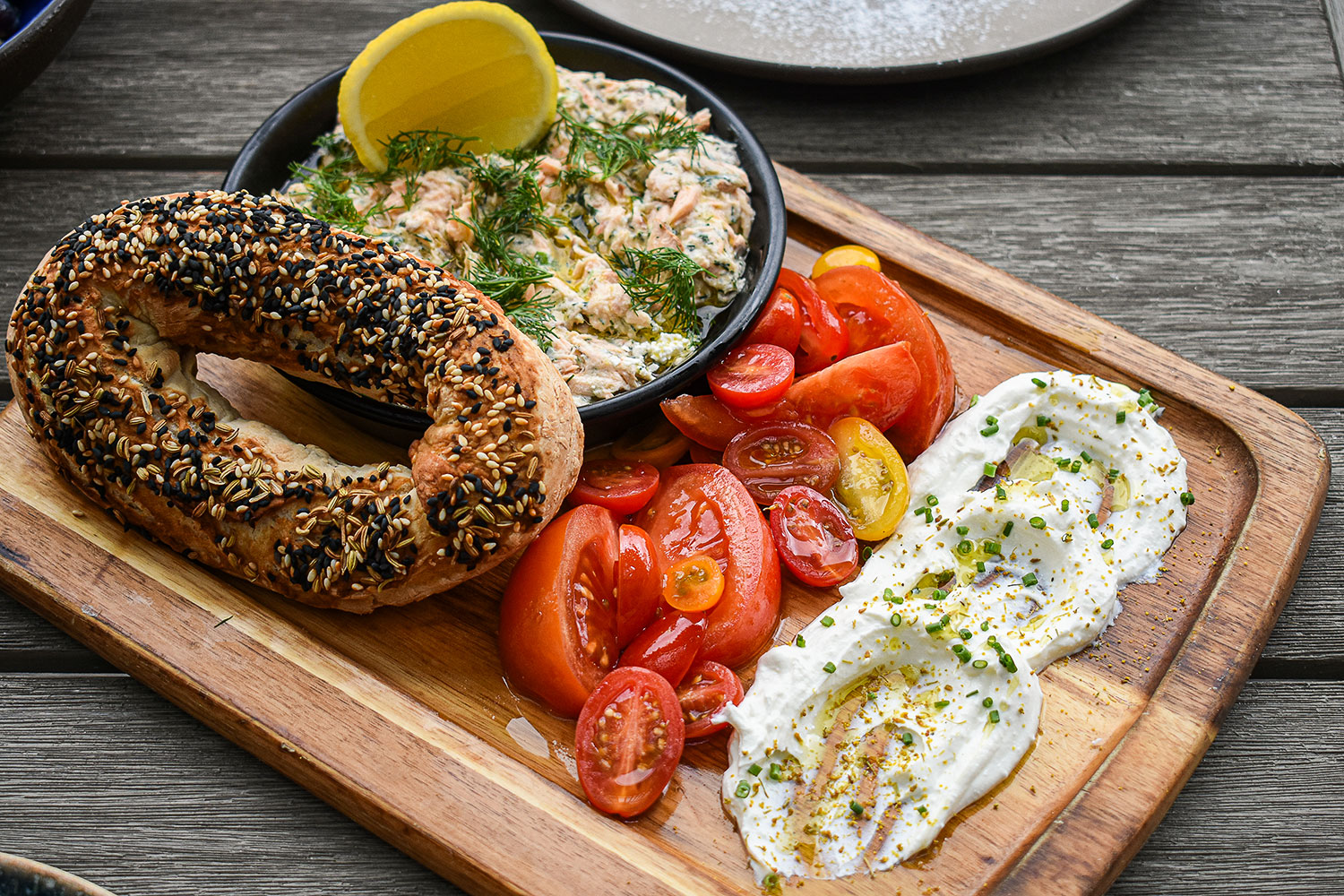 Smoked salmon spread and Jerusalem bagel at Aba