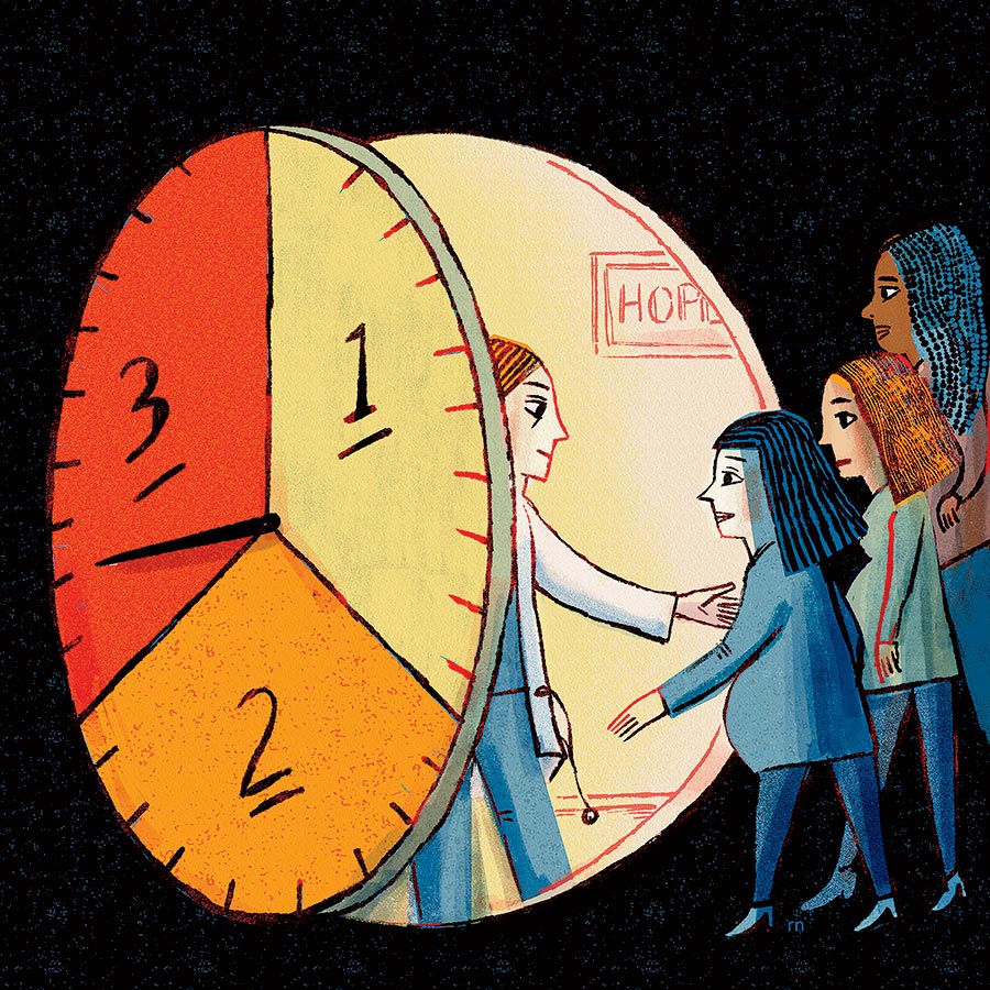 An illustration of three pregnant women being welcomed into a room where the door looks like a clock listing the trimesters.