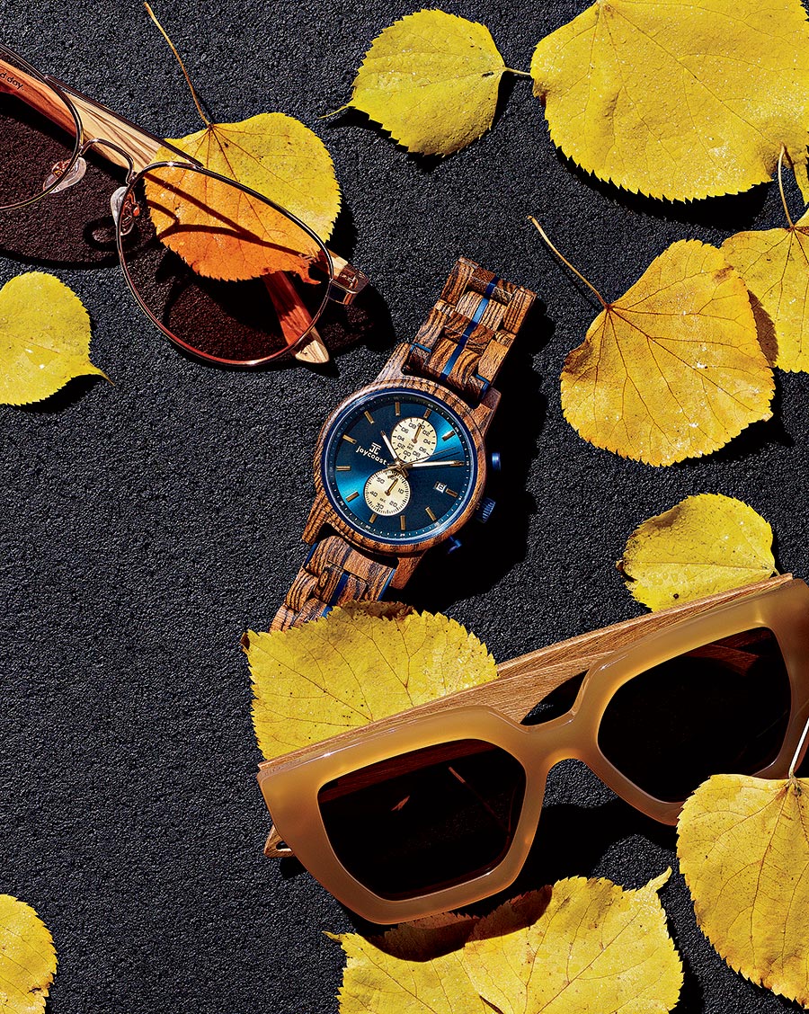 From top left: Night Ride walnut and steel aviators; Aries zebrawood chronograph; Sahara Mirage walnut and acetate sunglasses