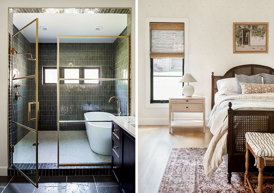 Left: The wet room’s subway tile, made of green onyx, was set vertically to emphasize the room’s height and juxtaposes the marble penny tile flooring. Right: Cool hues and a white oak floor and fixtures give the primary bedroom a sanctuary feel.
