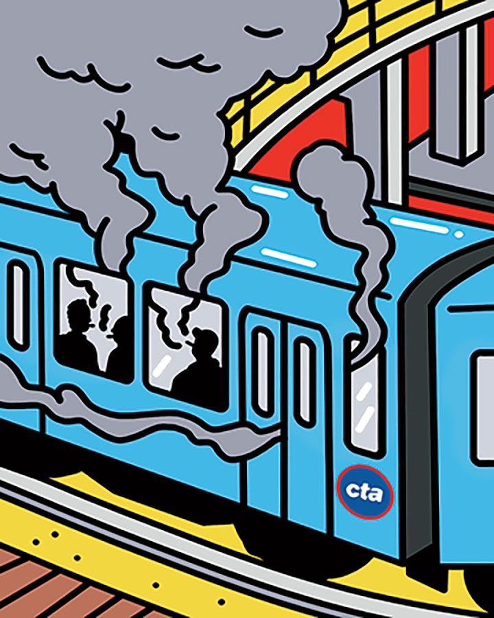 An illustration of cigarette smoke wafting out of the windows of a potential smoking car on a CTA train