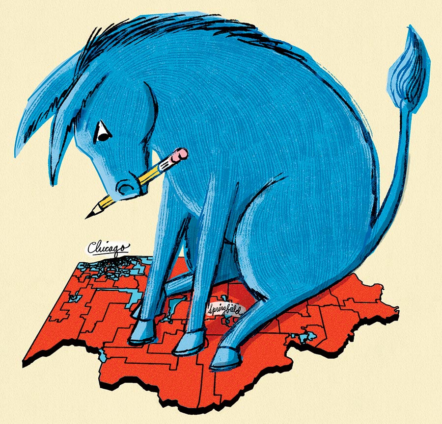An illustration of a giant donkey with a pencil in its mouth, sitting on a map of Illinois
