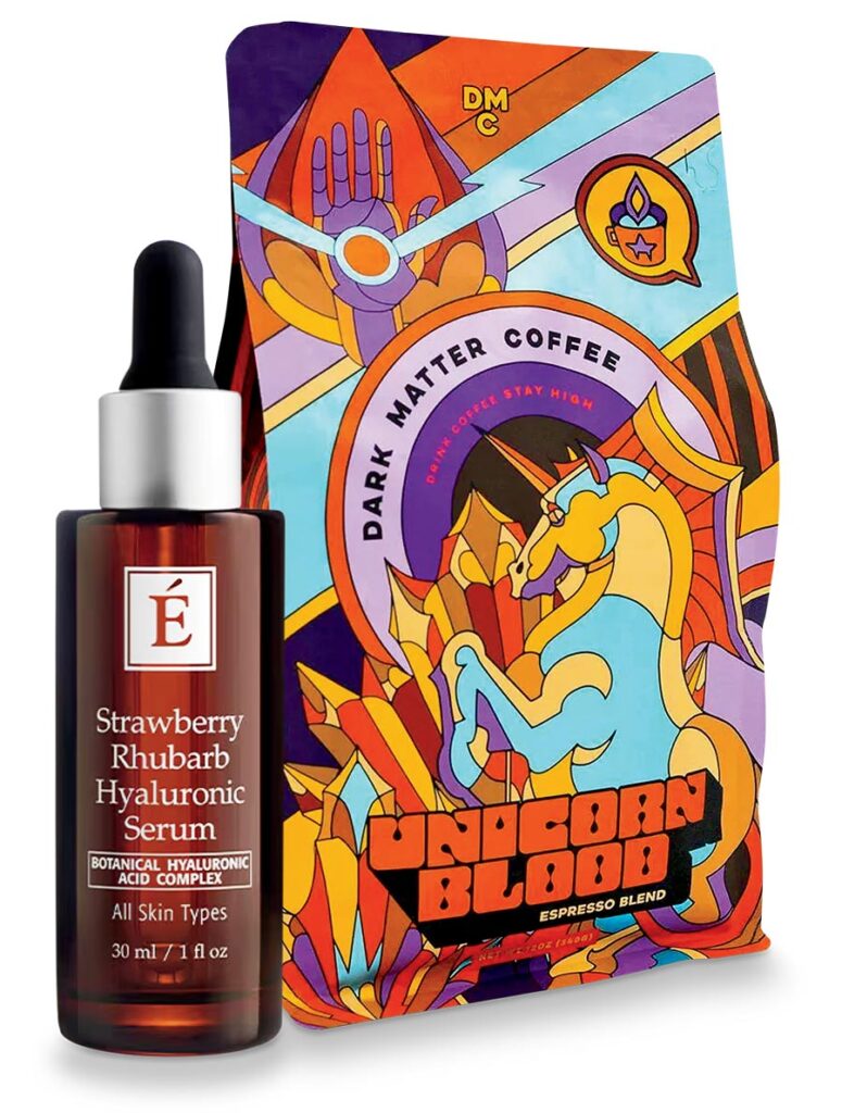 Strawberry Rhubarb Hyaluronic Serum by Eminence Organics and Unicorn Blood Espresso Blend from Dark Matter Coffee