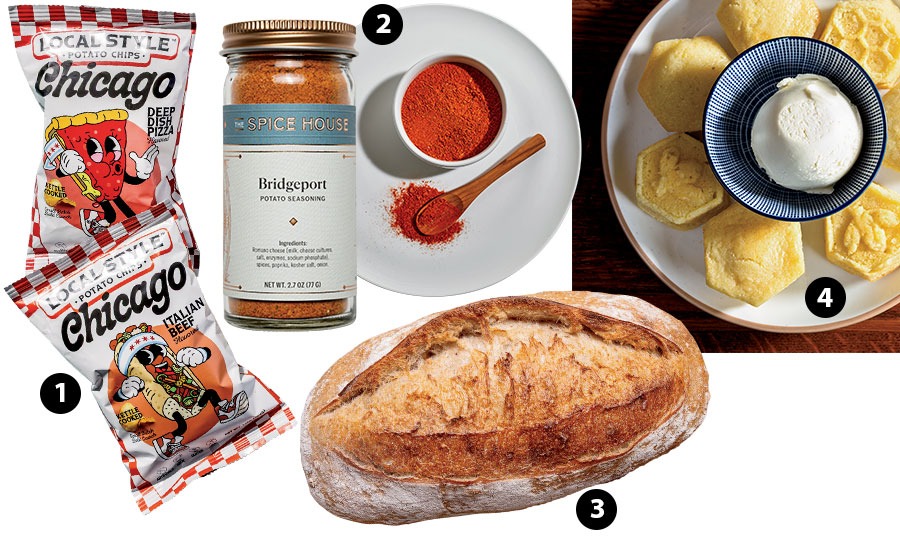 Local Style Potato Chips, Bridgeport potato seasoning from the Spice House, sourdough from Publican Quality Meats, and corn muffins from Honey Butter Fried Chicken