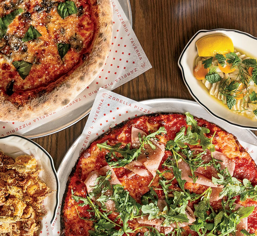 Zarella’s artisan with mushrooms and basil (top left) and tavern-style with soppressata and mortadella