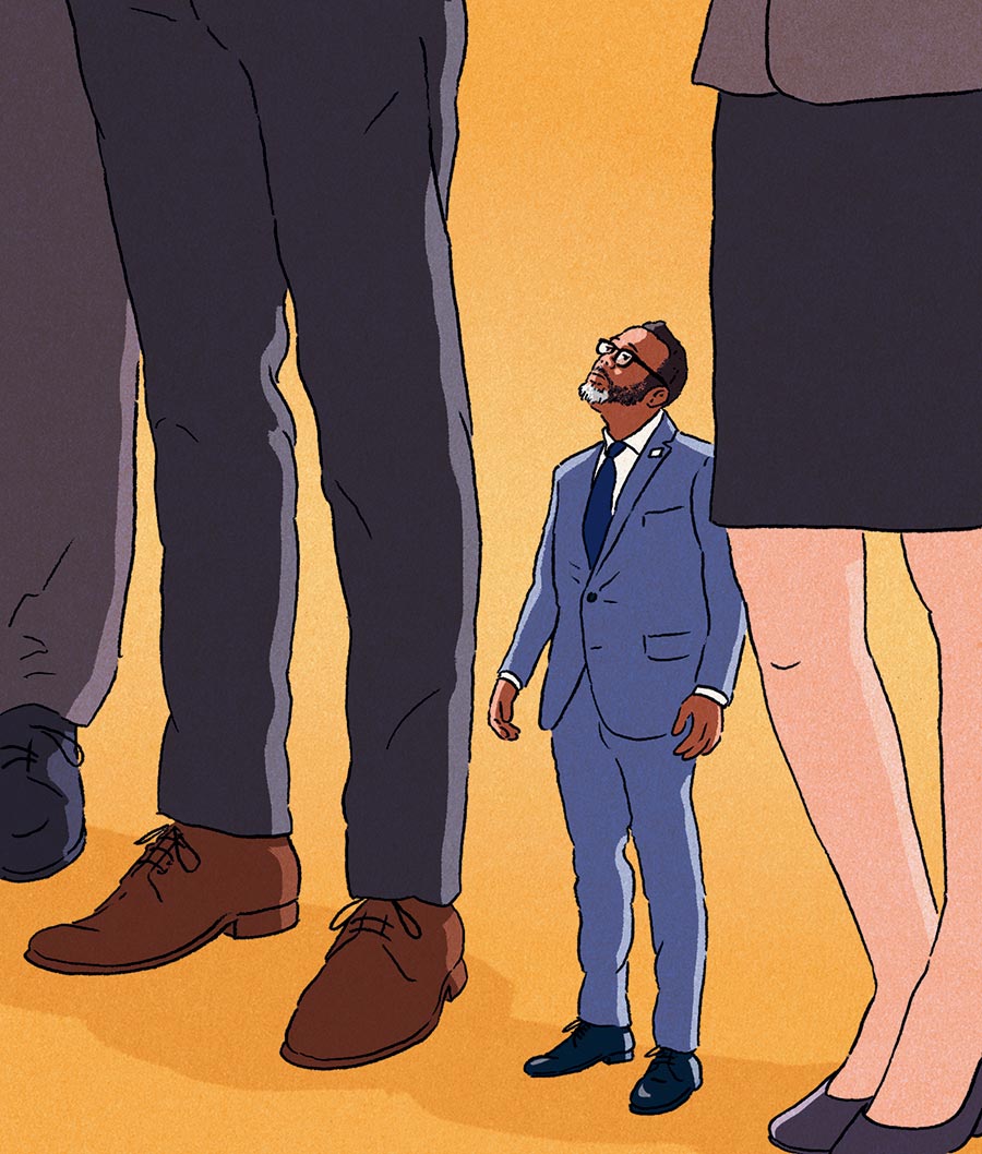 An illustration of a small Mayor Johnson looking up as he stands among giant people dressed in business suits
