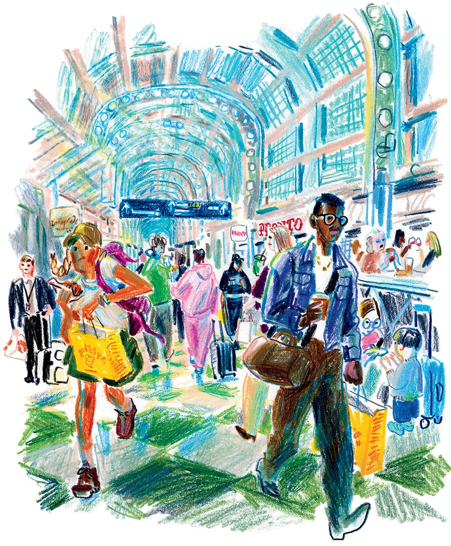 A colorful illustration of people walking through an airport