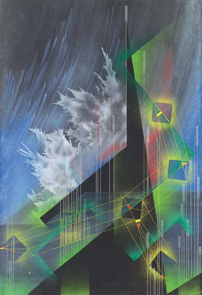 Goff’s expressionist designs also appear in his many untitled watercolors, such as this 1939 example.