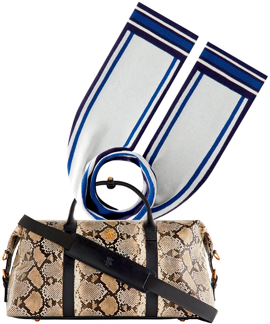 Kith knit scarf and python duffel bag