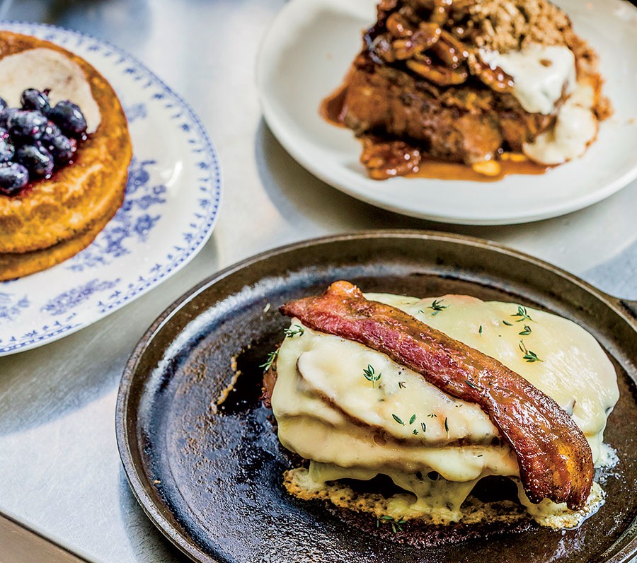 Banana-pecan French toast, Kentucky hot brown, buttermilk pancakes