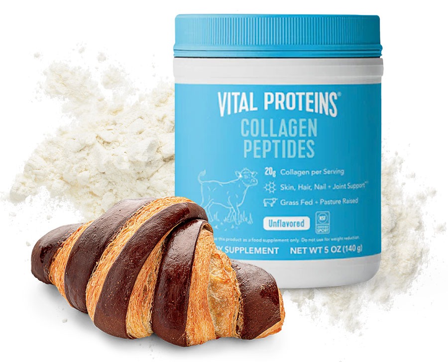 A chocolate croissant and a container of Vital Proteins Collagen Peptides