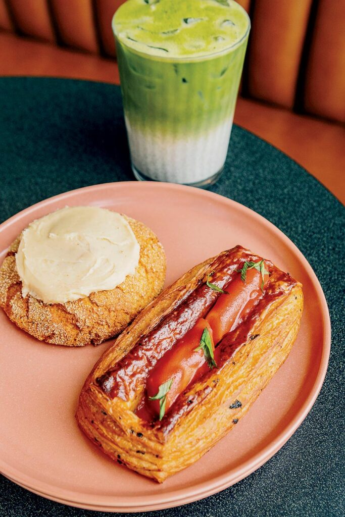 At Daeji: Kiki’s Magic Matcha Brew, miso honey cornbread cookie, and tteokbokki croissant