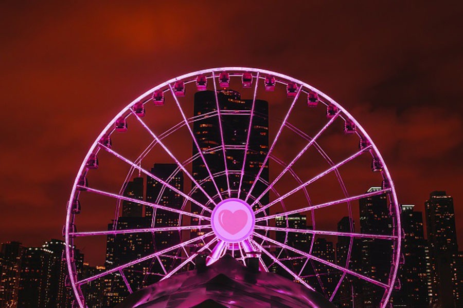 The Centennial Wheel at Navy Pier lit up pink for Valentine's Day