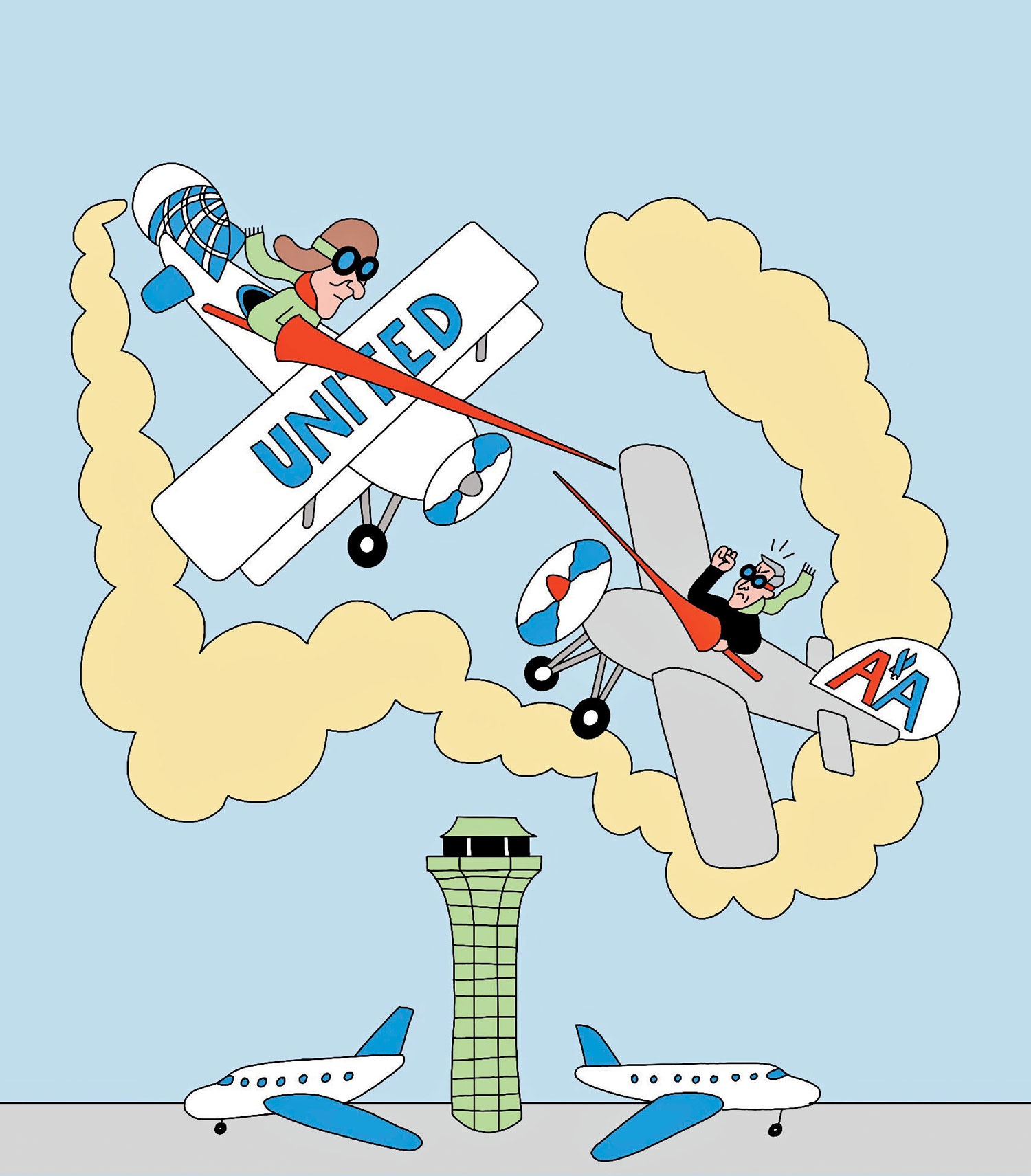 illustration of a United Airlines pilot jousting with an American Airlines pilot in their planes above O'Hare airport