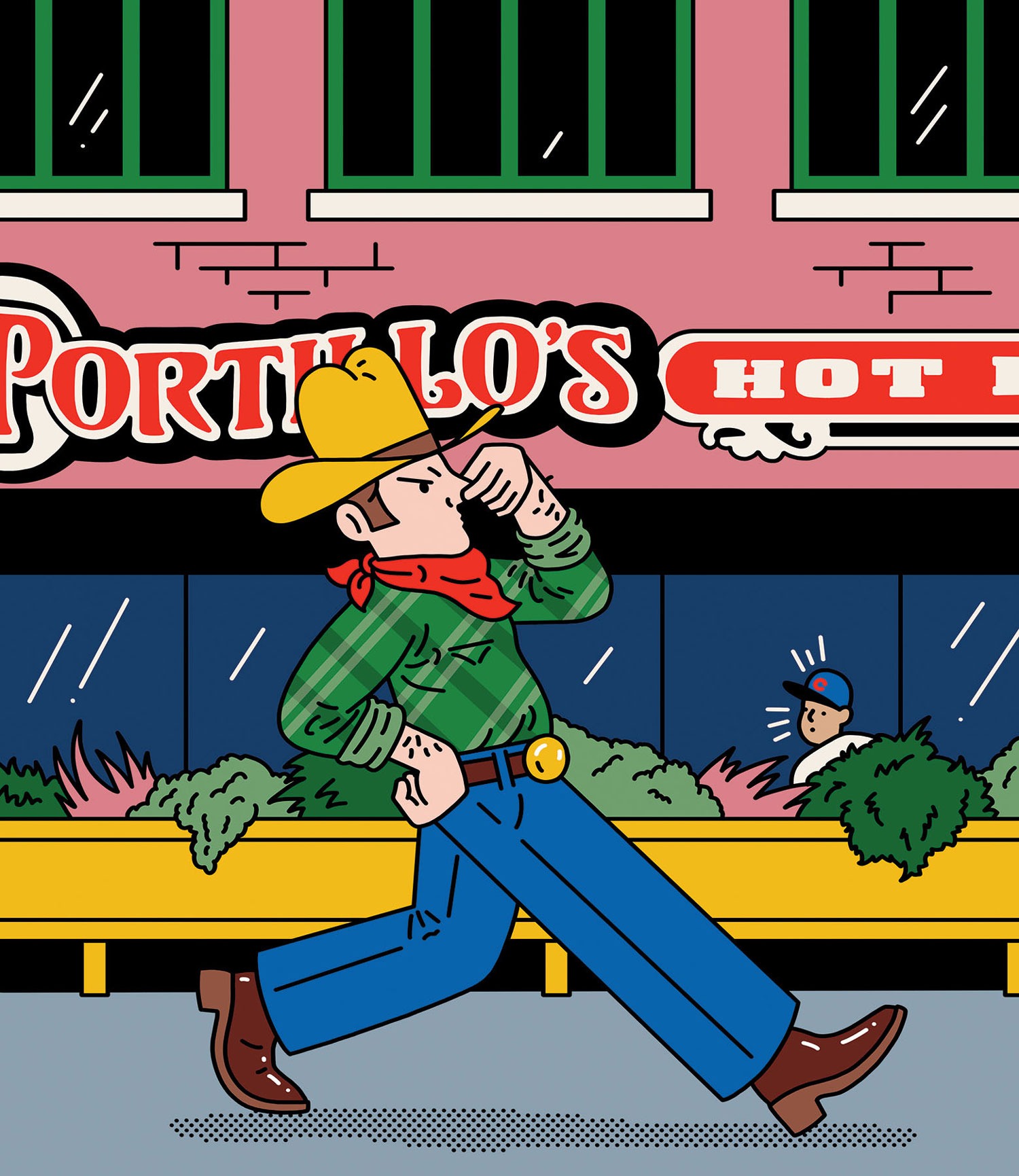 illustration of a cowboy walking past Portillo's and holding his nose