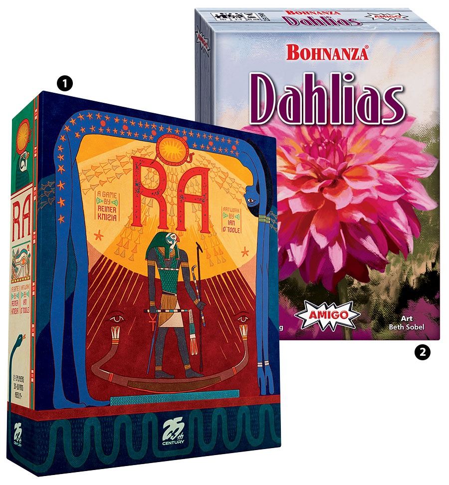 Ra board game and Bohnanza Dahlias card game