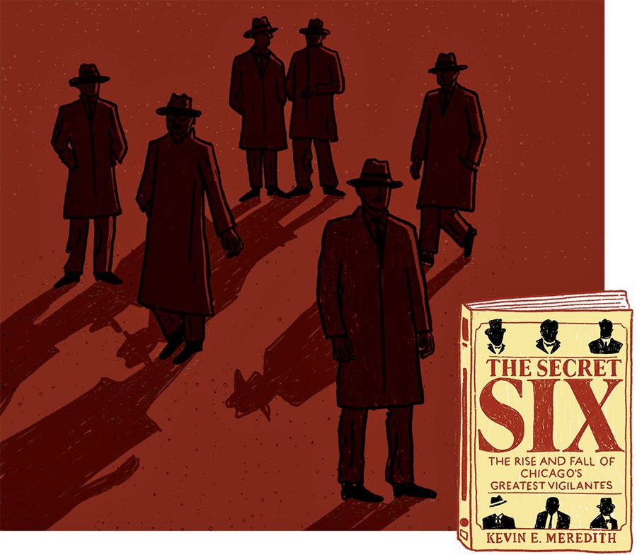 An illustration of the silhouettes of six men in trench coats and fedoras, along with the book cover