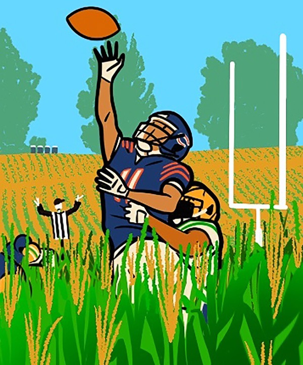 An illustration of two football players in a cornfield