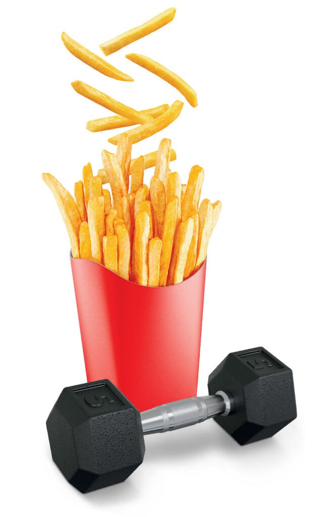 A carton of French fries and a dumbbell