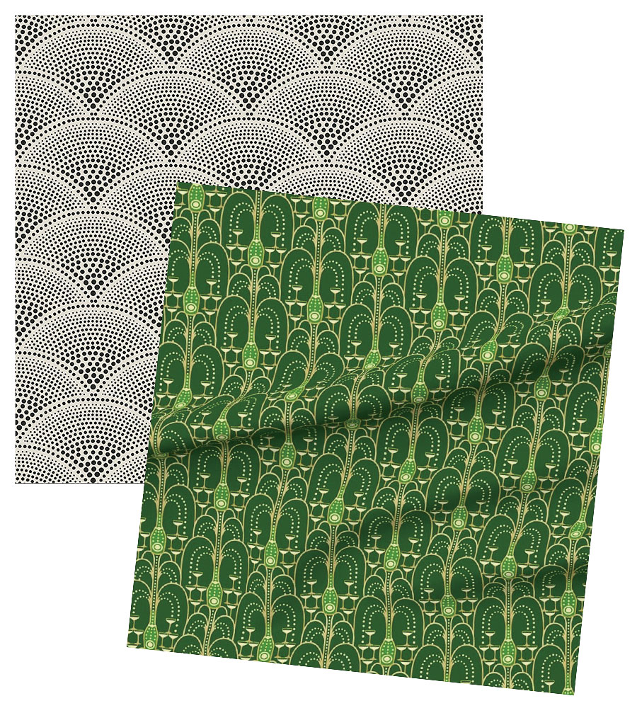 Top: Feather Fan wallpaper. Bottom: 1920s Art Deco Champagne Fountain cotton fabric by Hannah Shields