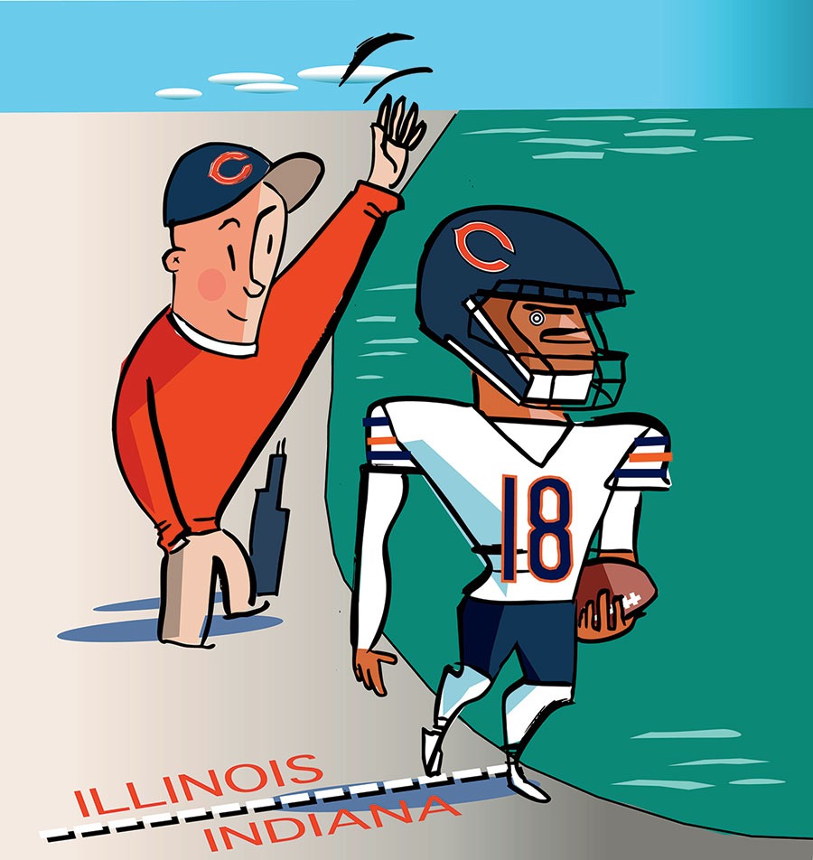 An illustration of a Bears player crossing the Illinois-Indiana border while a man in a Bears hat waves goodbye