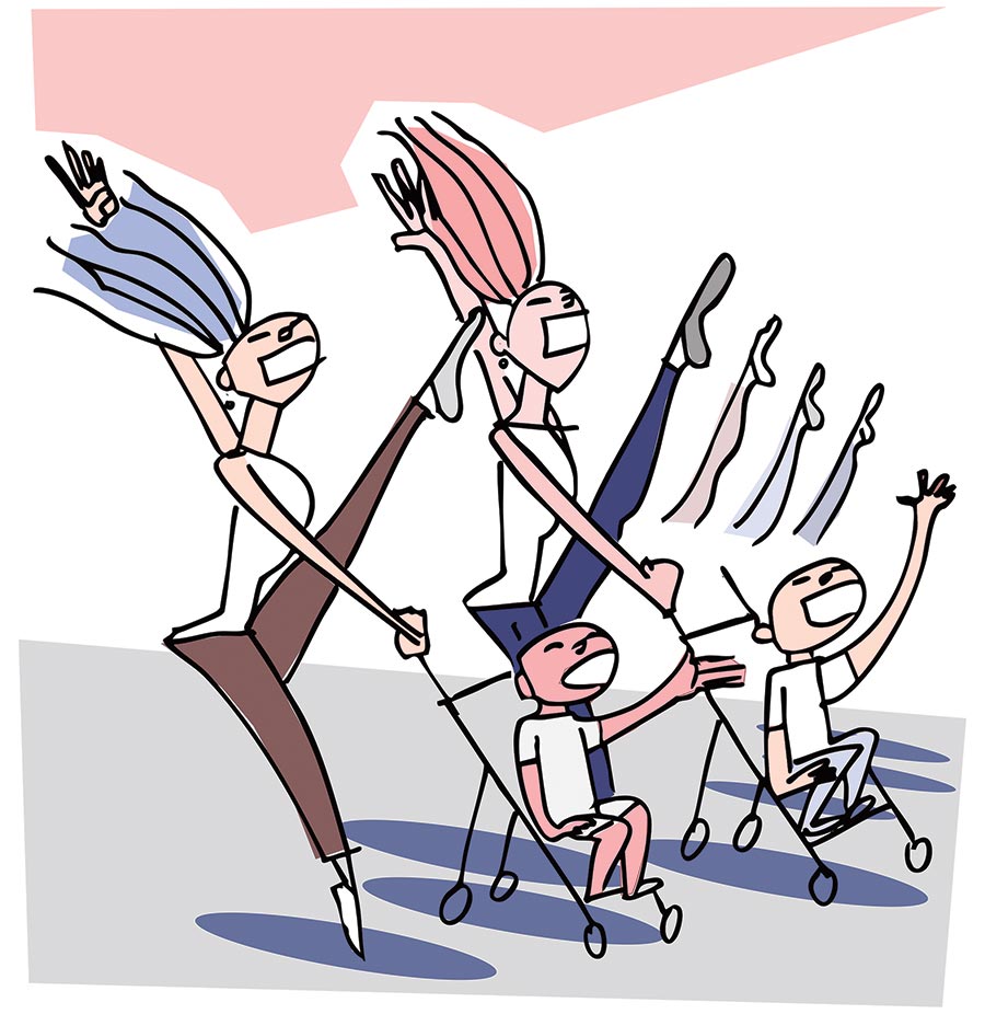 An illustration of a row of smiling women with strollers kicking one leg in unison