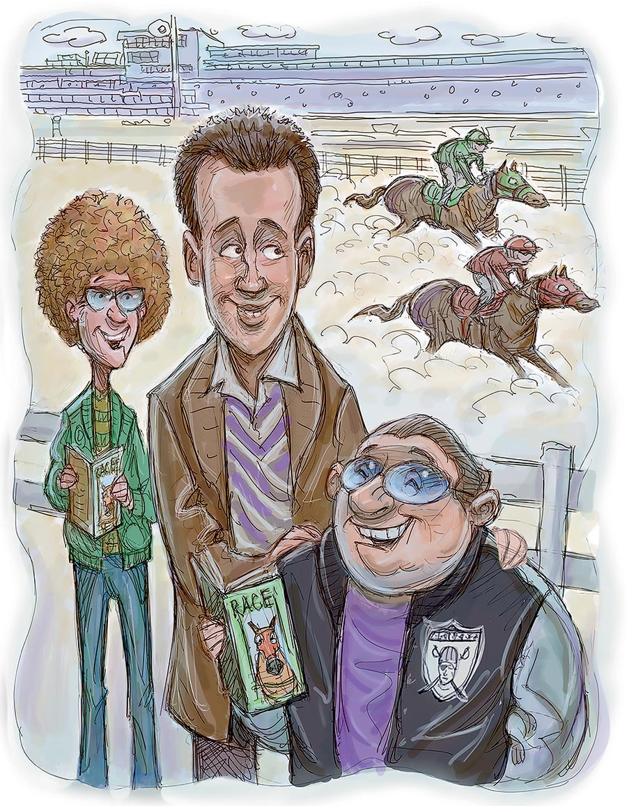 An illustration of three smiling men holding racing forms while two horses race on the track behind them