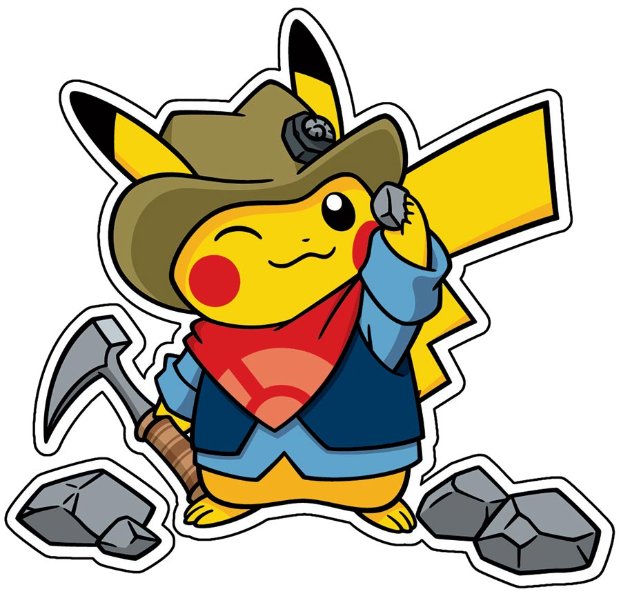 A winking Pikachu dressed in mining gear, holding a rock hammer