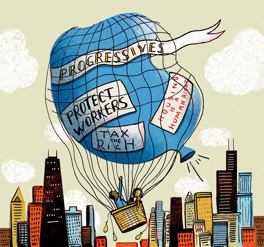 An illustration of a hot air balloon carrying two passengers, covered in banners saying "PROGRESSIVES," PROTECT WORKERS," "TAX THE RICH," and "HOUSING IS A HUMAN RIGHT," deflating over the Chicago skyline