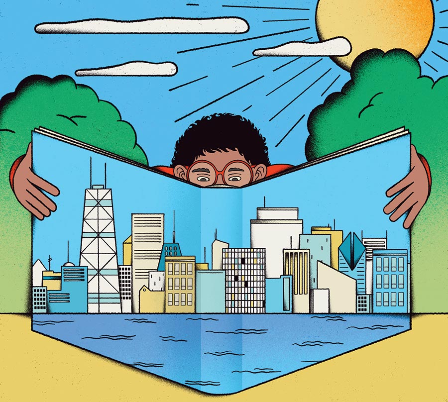 An illustration of a person with glasses reading a book with a Chicago skyline cover on a sunny day