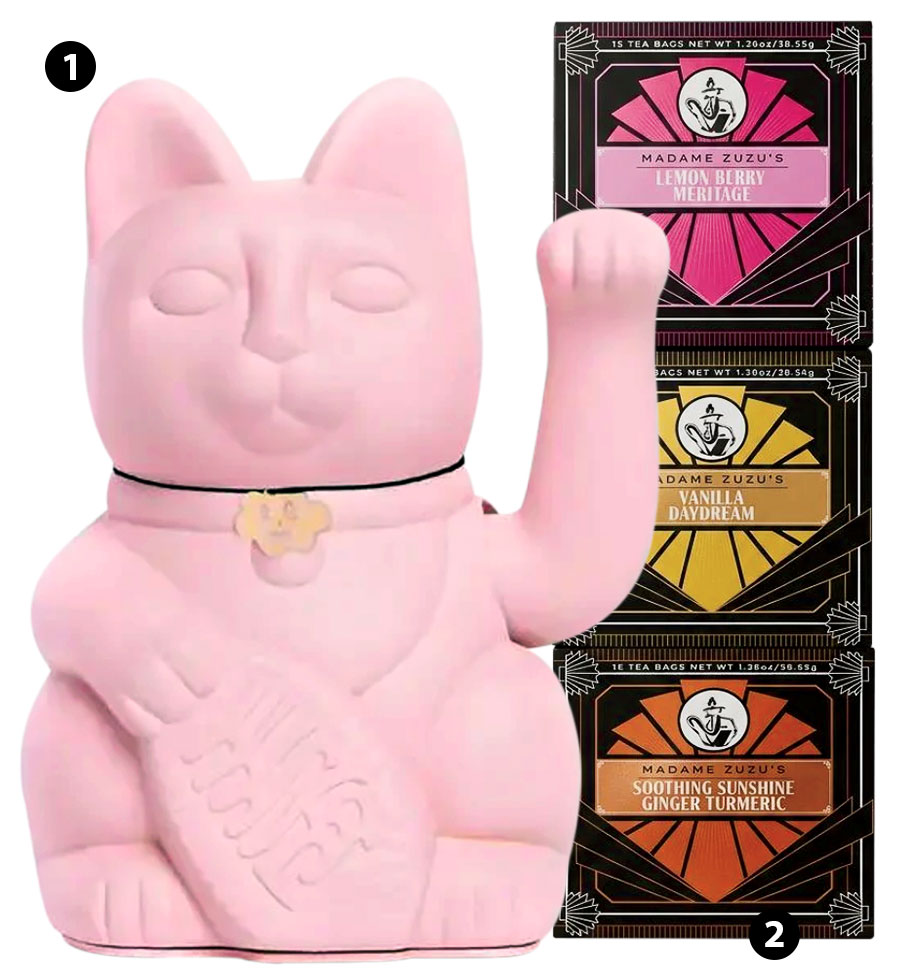 A lucky waving cat and Madame ZuZu’s teas at Madame ZuZu’s