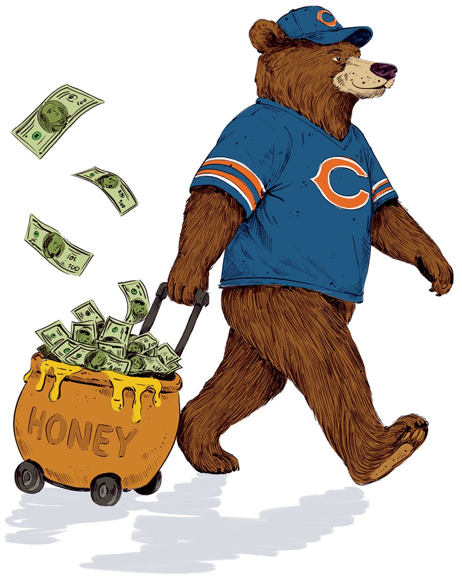 An illustration of a bipedal bear wearing Chicago Bears hat and shirt, pulling a honey pot full of money behind him