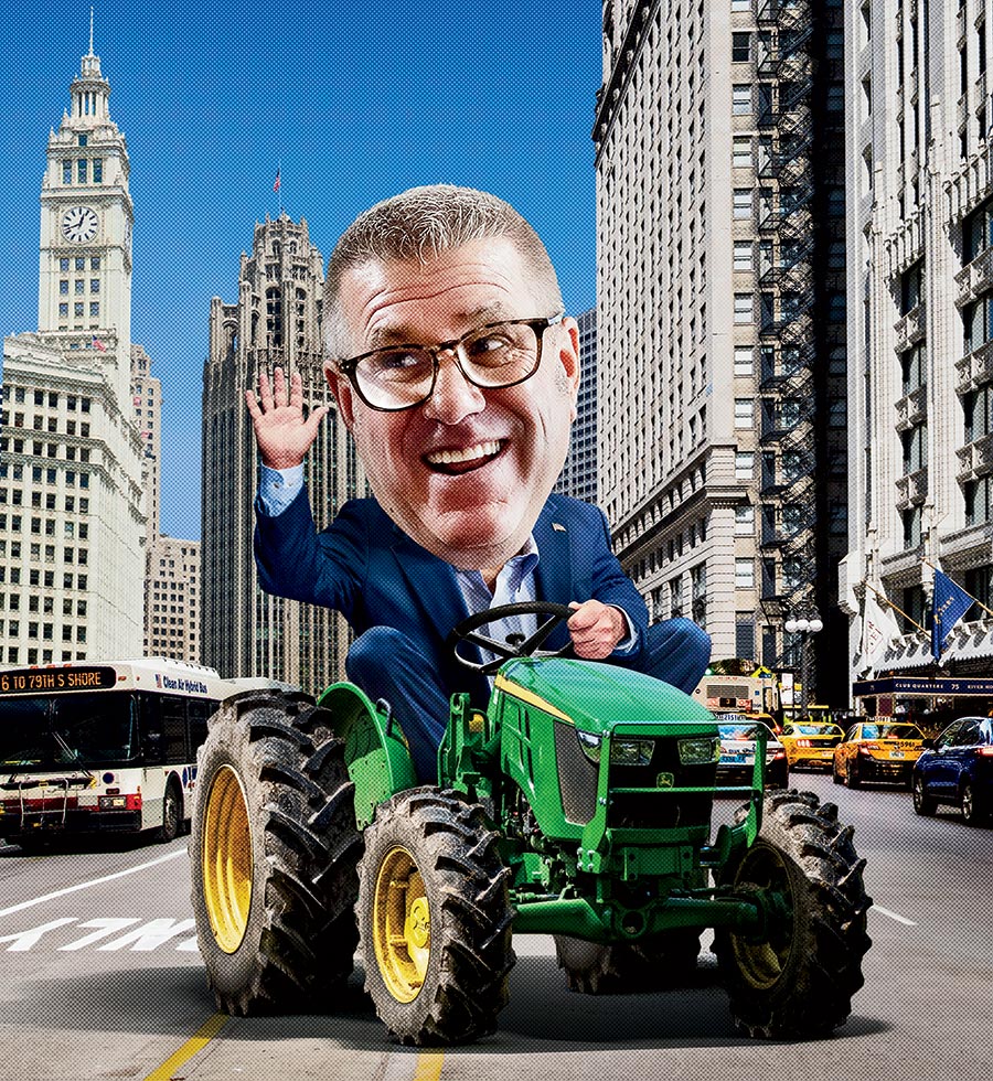 A photo illustration of Darren Bailey riding a tractor on Michigan Avenue